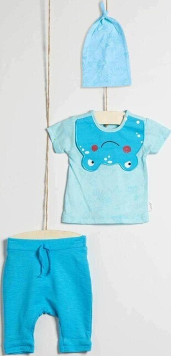 Wogi Erkek Bebek 3 Parça Kurbağa Nakışlı Mavi Renk Takım 125698 - Image 1