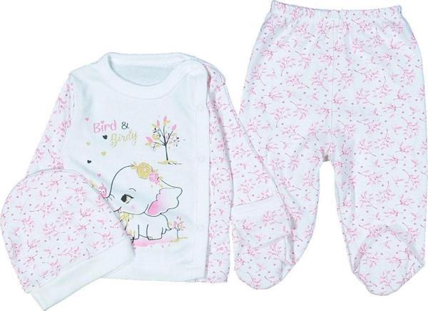 Rakun Baby Sevimli Fil Şapkalı 3 Parça Ekru/Pembe Renk Bebek Takım218255 - Image 1