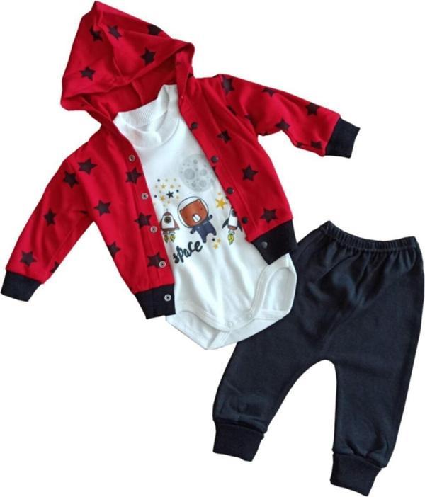 Tiniminitaş Yıldız Baskılı Kapüşonlu Ceketli Erkek Bebek 3 Parça Takım-Kırmızı-213428 - Image 1
