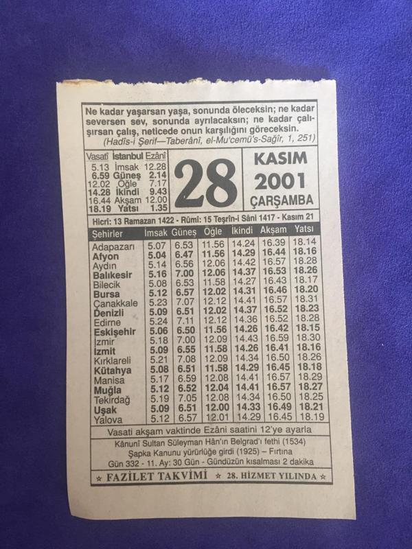 28 Kasım 2001 Takvim Yaprağı - Nostalji Koleksiyonluk Takvim Yaprağı - Image 1