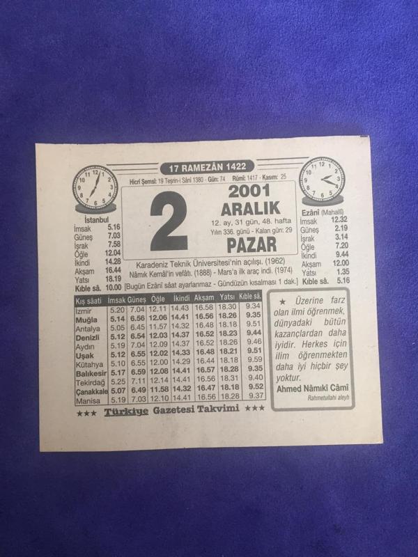 2 Aralık 2001 Takvim Yaprağı - Nostalji Koleksiyonluk Takvim Yaprağı C - Image 1
