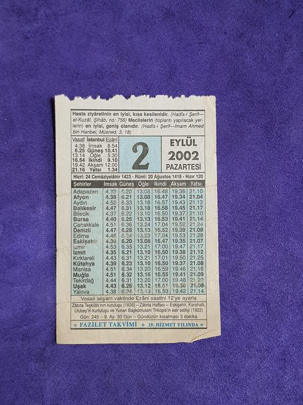 2 Eylül 2002 Takvim Yaprağı - Nostalji Koleksiyonluk Takvim Yaprağı - Image 1