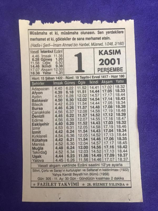 1 Kasım 2001 Takvim Yaprağı - Nostalji Koleksiyonluk Takvim Yaprağı - Image 1