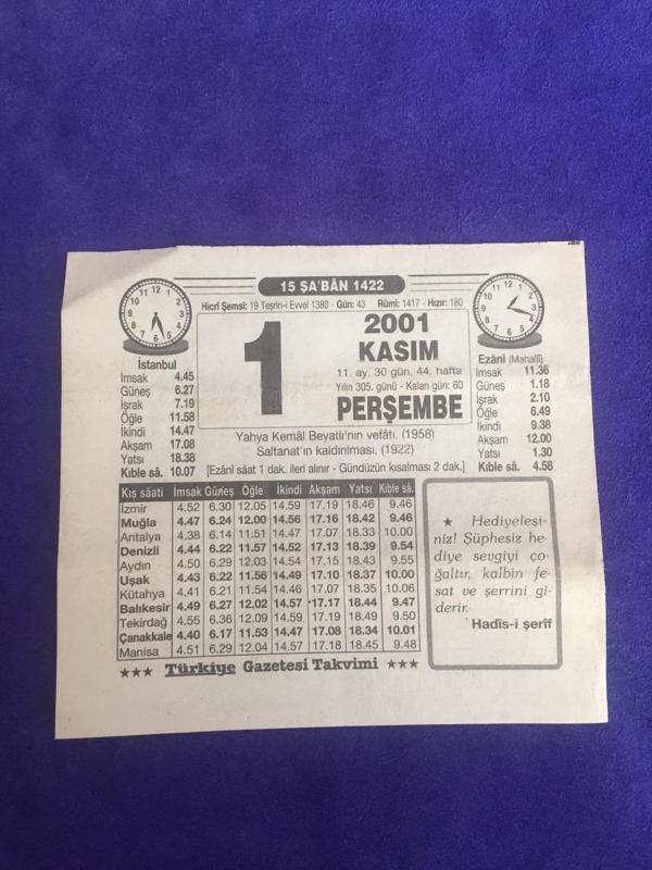 1 Kasım 2001 Takvim Yaprağı - Nostalji Koleksiyonluk Takvim Yaprağı C - Image 1