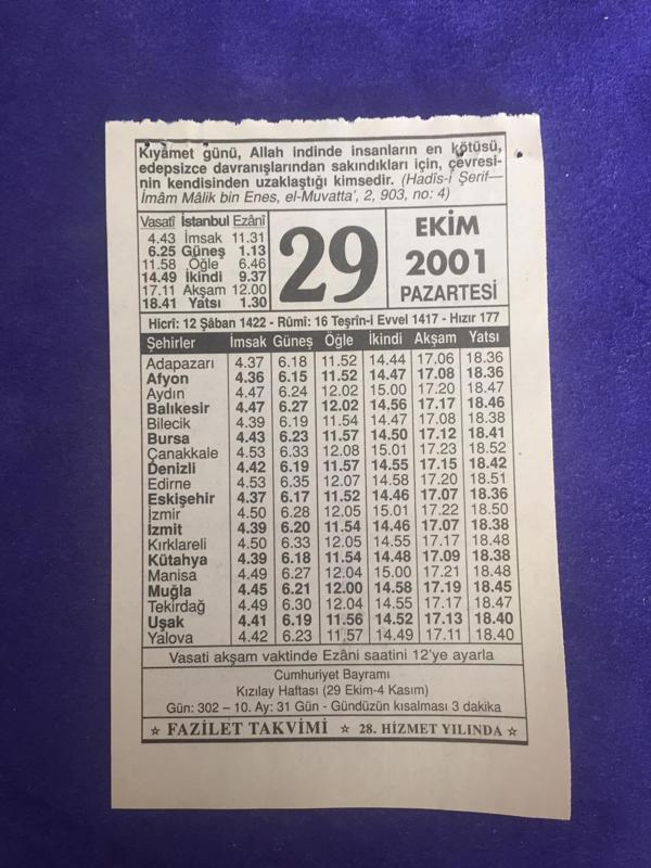29 Ekim 2001 Takvim Yaprağı - Nostalji Koleksiyonluk Takvim Yaprağı - Image 1