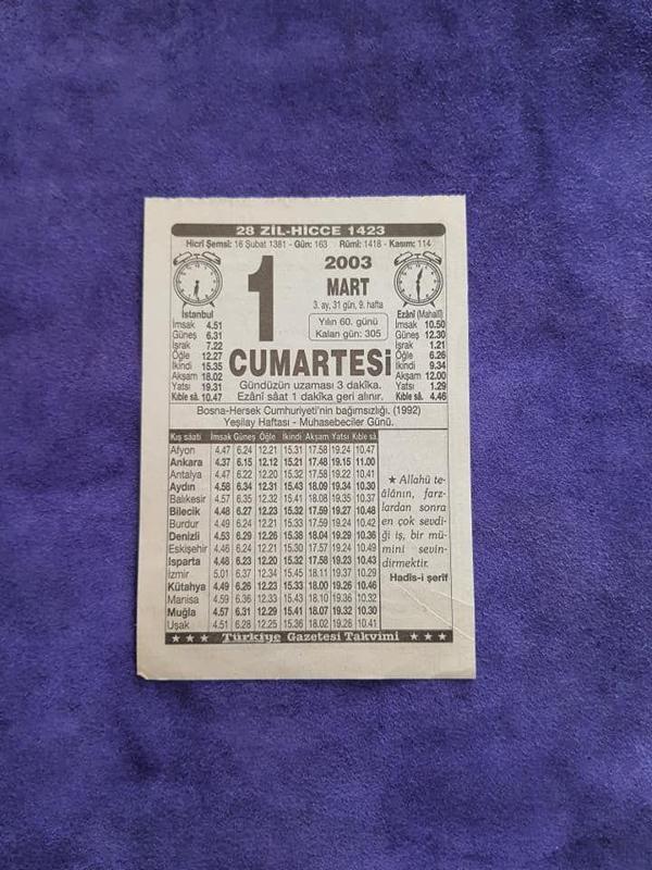 1 Mart 2003 Takvim Yaprağı - Nostaljik Koleksiyonluk Takvim Yaprağı - Image 1