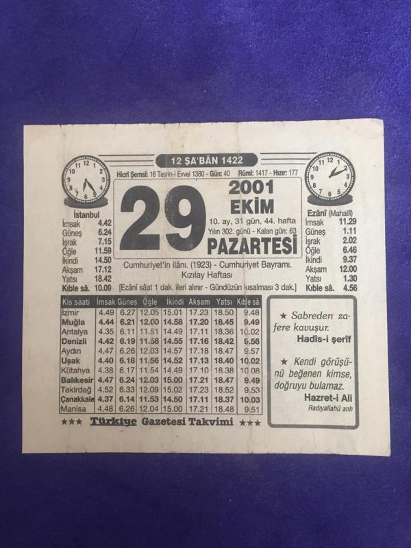 29 Ekim 2001 Takvim Yaprağı - Nostalji Koleksiyonluk Takvim Yaprağı B - Image 1