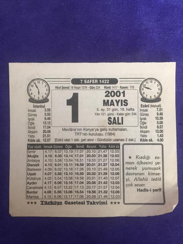 1 Mayıs 2001 Takvim Yaprağı - Nostalji Koleksiyonluk Takvim Yaprağı B - Image 1