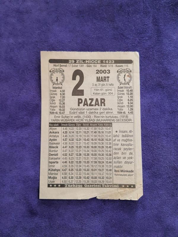 2 Mart 2003 Takvim Yaprağı - Nostaljik Koleksiyonluk Takvim Yaprağı  - Image 1