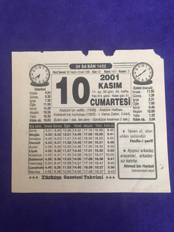 10 Kasım 2001 Takvim Yaprağı - Nostalji Koleksiyonluk Takvim Yaprağı B - Image 1