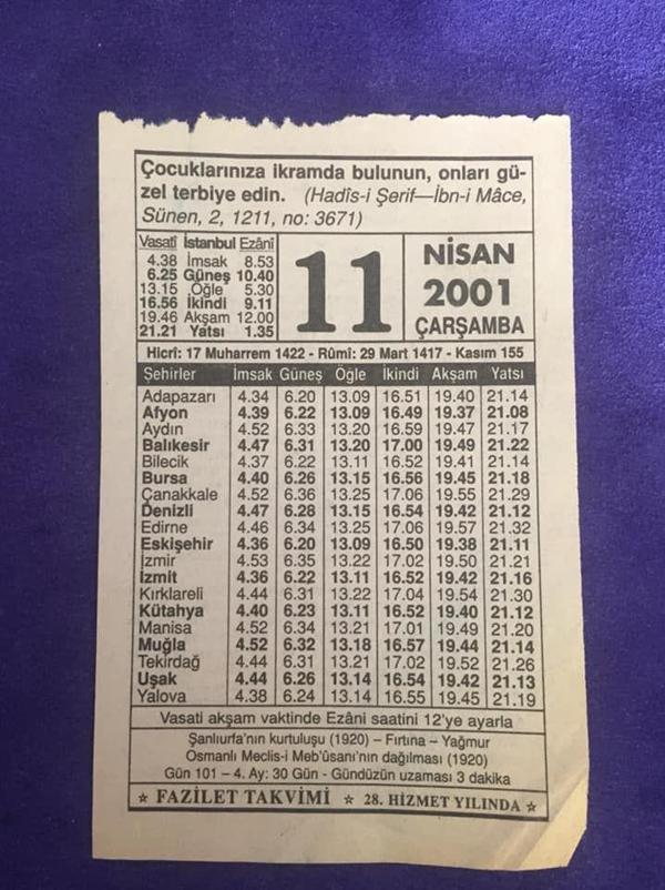 11 Nisan 2001 Takvim Yaprağı - Nostalji Koleksiyonluk Takvim Yaprağı - Image 1