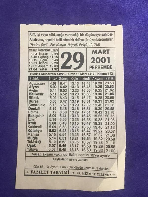 29 Mart 2001 Takvim Yaprağı - Nostalji Koleksiyonluk Takvim Yaprağı - Image 1