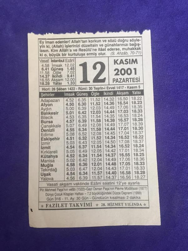 12 Kasım 2001 Takvim Yaprağı - Nostalji Koleksiyonluk Takvim Yaprağı - Image 1