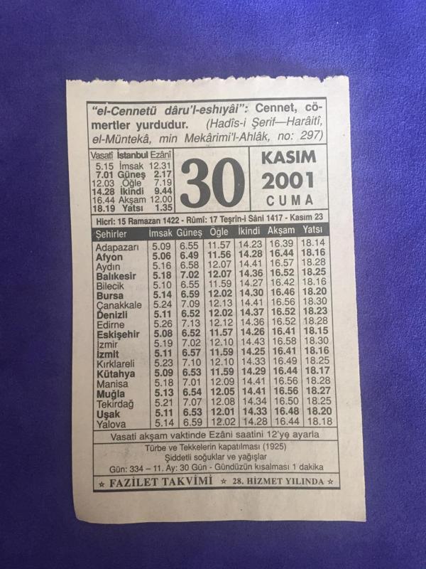 30 Kasım 2001 Takvim Yaprağı - Nostalji Koleksiyonluk Takvim Yaprağı - Image 1