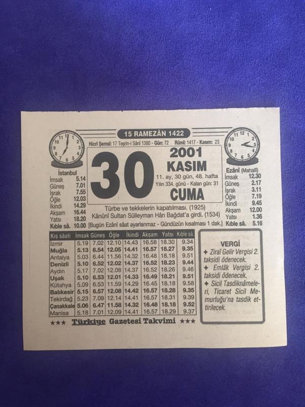 30 Kasım 2001 Takvim Yaprağı - Nostalji Koleksiyonluk Takvim Yaprağı B - Image 1