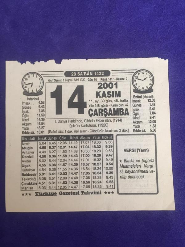 14 Kasım 2001 Takvim Yaprağı - Nostalji Koleksiyonluk Takvim Yaprağı B - Image 1