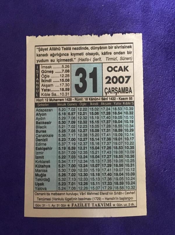31 Ocak 2007 Takvim Yaprağı - Nostalji Koleksiyonluk Takvim Yaprağı - Image 1