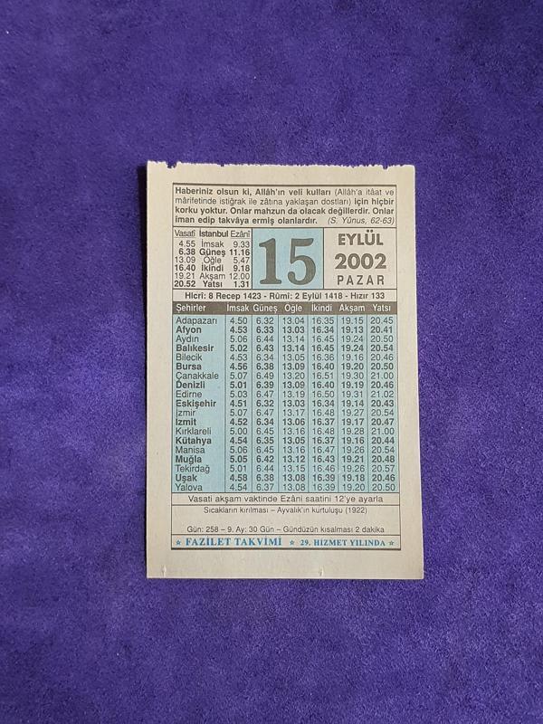 15 Eylül 2002 Takvim Yaprağı - Nostalji Koleksiyonluk Takvim Yaprağı - Image 1