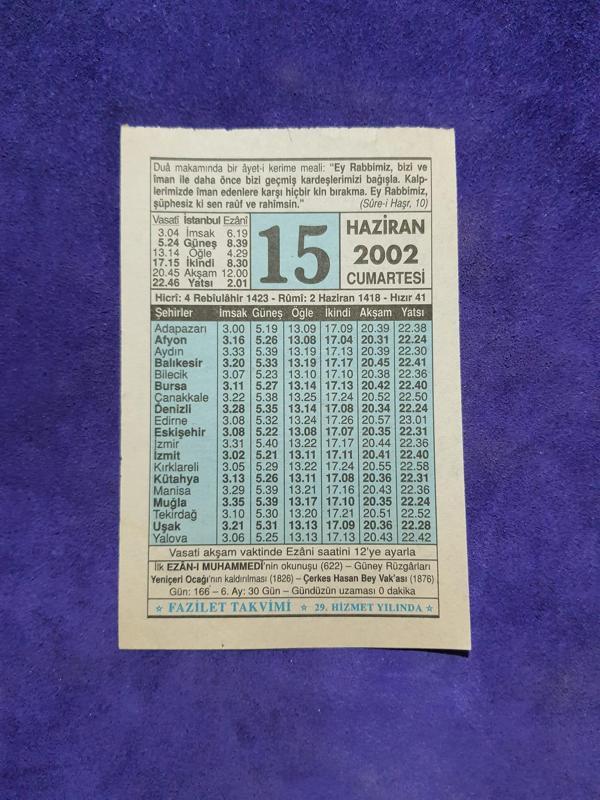 15 Haziran 2002 Takvim Yaprağı - Nostalji Koleksiyonluk Takvim Yaprağı  - Image 1