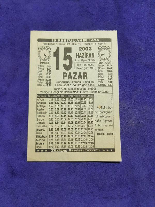 15 Haziran 2003 Takvim Yaprağı - Nostaljik Koleksiyonluk Takvim Yaprağı - Image 1