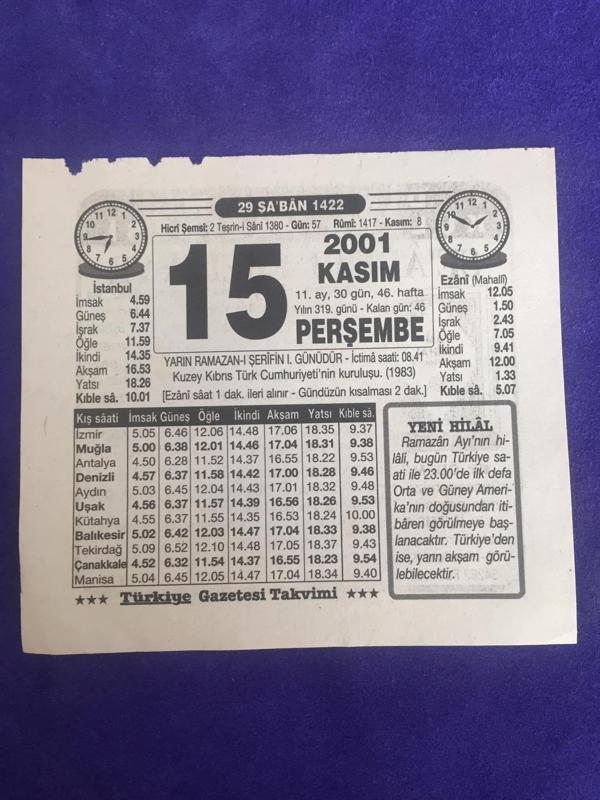 15 Kasım 2001 Takvim Yaprağı - Nostalji Koleksiyonluk Takvim Yaprağı B - Image 1