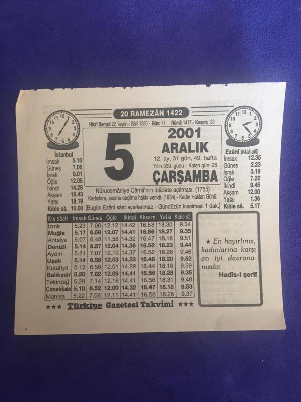 5 Aralık 2001 Takvim Yaprağı - Nostalji Koleksiyonluk Takvim Yaprağı B - Image 1