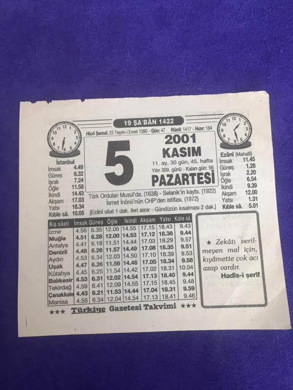 5 Kasım 2001 Takvim Yaprağı - Nostalji Koleksiyonluk Takvim Yaprağı B - Image 1