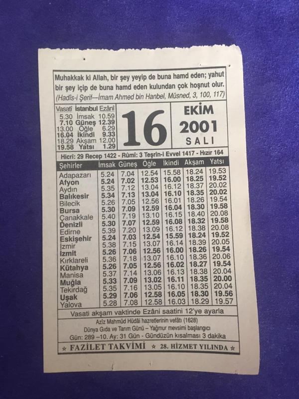 16 Ekim 2001 Takvim Yaprağı - Nostalji Koleksiyonluk Takvim Yaprağı - Image 1