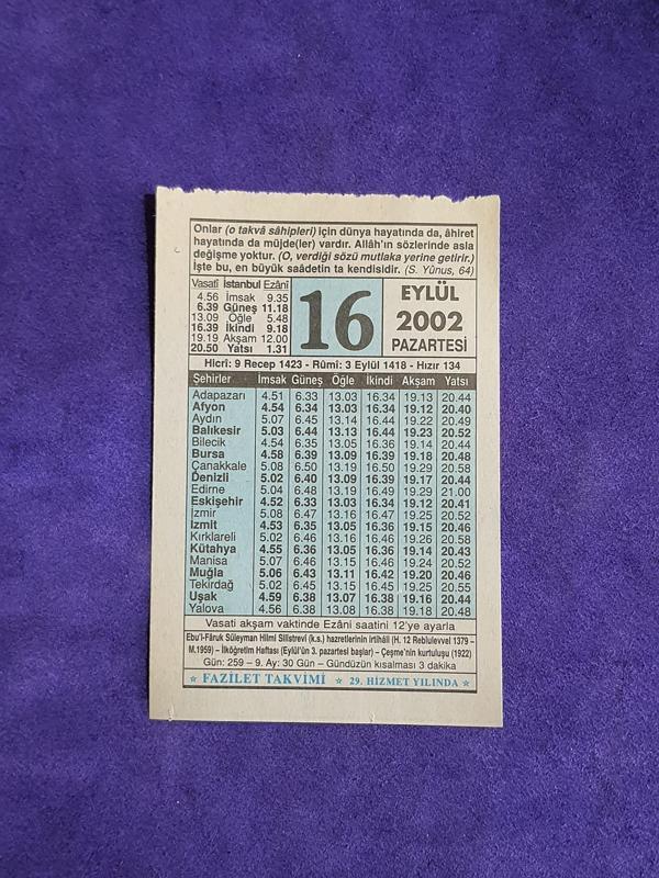 16 Eylül 2002 Takvim Yaprağı - Nostalji Koleksiyonluk Takvim Yaprağı - Image 1