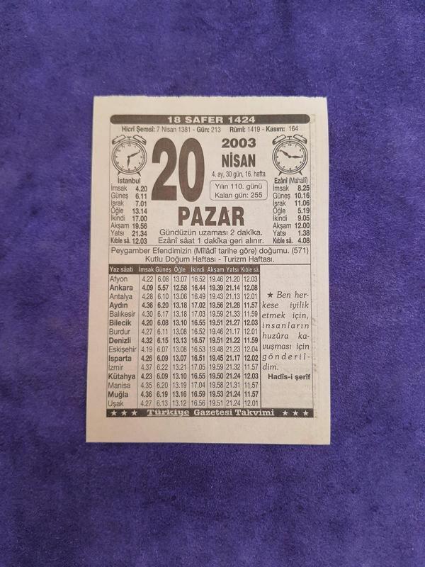 20 Nisan 2003 Takvim Yaprağı - Nostaljik Koleksiyonluk Takvim Yaprağı - Image 1