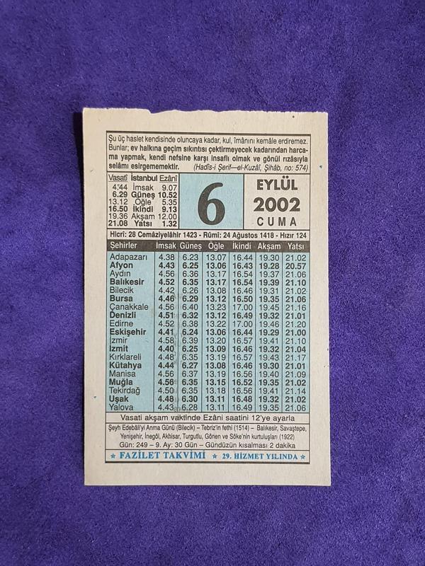 6 Eylül 2002 Takvim Yaprağı - Nostalji Koleksiyonluk Takvim Yaprağı - Image 1