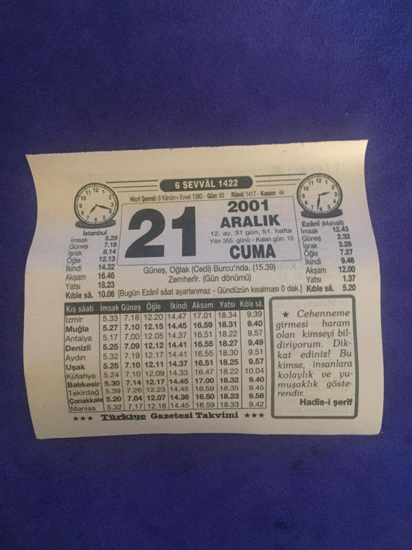 21 Aralık 2001 Takvim Yaprağı - Nostalji Koleksiyonluk Takvim Yaprağı B - Image 1
