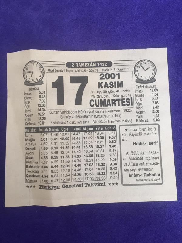 17 Kasım 2001 Takvim Yaprağı - Nostalji Koleksiyonluk Takvim Yaprağı B - Image 1