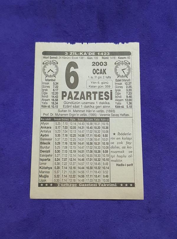 6 Ocak 2003 Takvim Yaprağı - Nostaljik Koleksiyonluk Takvim Yaprağı - Image 1