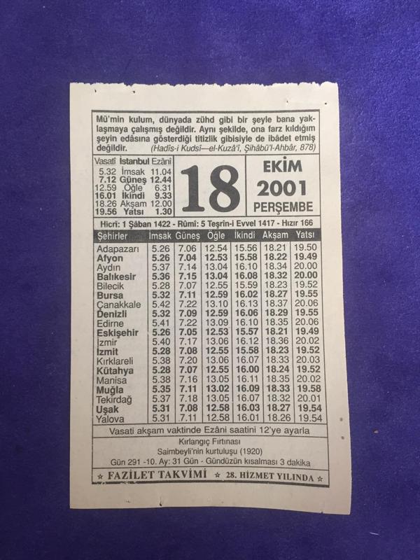 18 Ekim 2001 Takvim Yaprağı - Nostalji Koleksiyonluk Takvim Yaprağı - Image 1