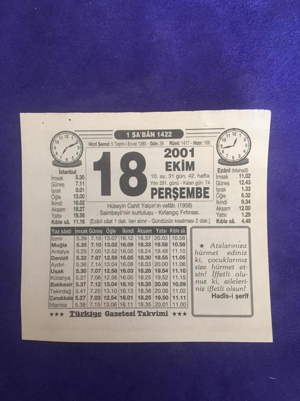 18 Ekim 2001 Takvim Yaprağı - Nostalji Koleksiyonluk Takvim Yaprağı B - Image 1