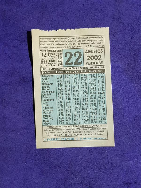 22 Ağustos 2002 Takvim Yaprağı - Nostalji Koleksiyonluk Takvim Yaprağı  - Image 1