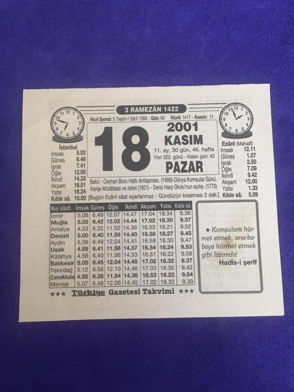 18 Kasım 2001 Takvim Yaprağı - Nostalji Koleksiyonluk Takvim Yaprağı B - Image 1