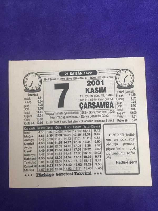 7 Kasım 2001 Takvim Yaprağı - Nostalji Koleksiyonluk Takvim Yaprağı B - Image 1