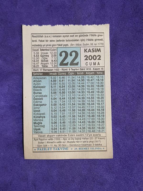22 Kasım 2002 Takvim Yaprağı - Nostalji Koleksiyonluk Takvim Yaprağı - Image 1
