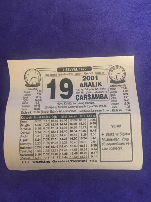19 Aralık 2001 Takvim Yaprağı - Nostalji Koleksiyonluk Takvim Yaprağı B - Image 1
