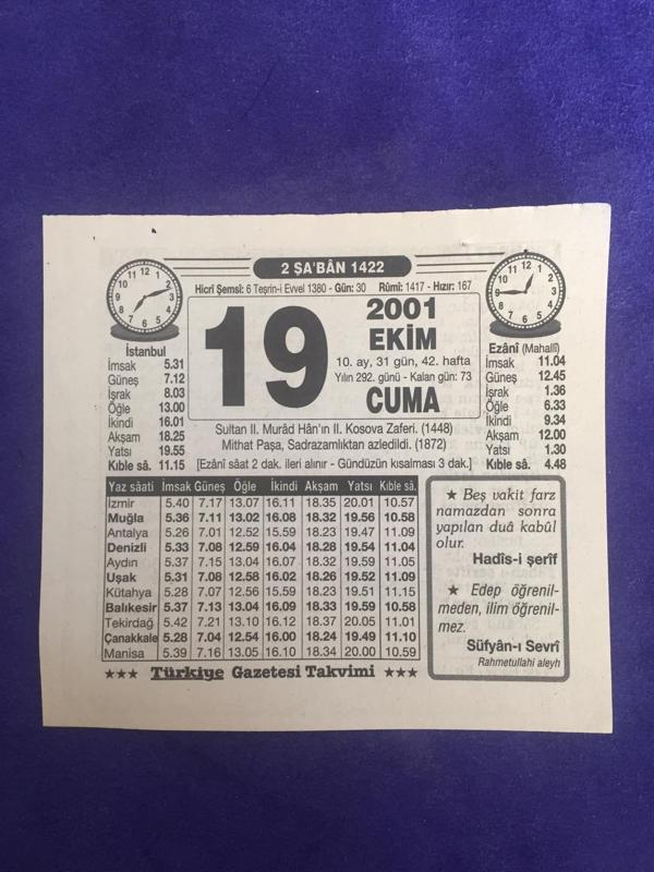19 Ekim 2001 Takvim Yaprağı - Nostalji Koleksiyonluk Takvim Yaprağı B - Image 1