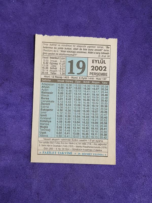 19 Eylül 2002 Takvim Yaprağı - Nostalji Koleksiyonluk Takvim Yaprağı - Image 1