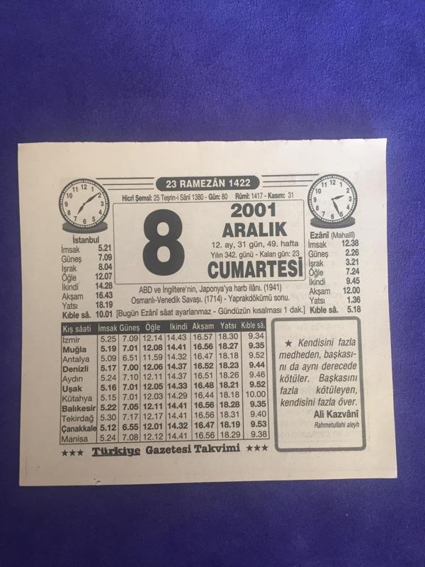 8 Aralık 2001 Takvim Yaprağı - Nostalji Koleksiyonluk Takvim Yaprağı - Image 1