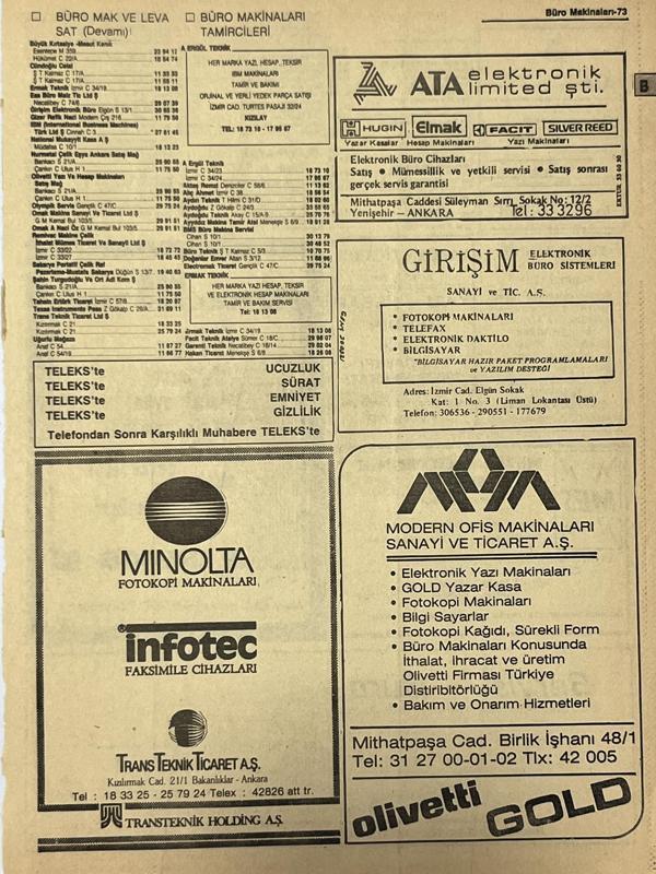Ankara 1986 Meslek Reklam İlanı Efemera S73 - Image 1