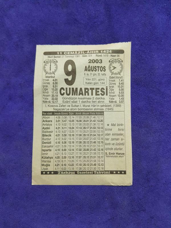 9 Ağustos 2003 Takvim Yaprağı - Nostaljik Koleksiyonluk Takvim Yaprağı - Image 1