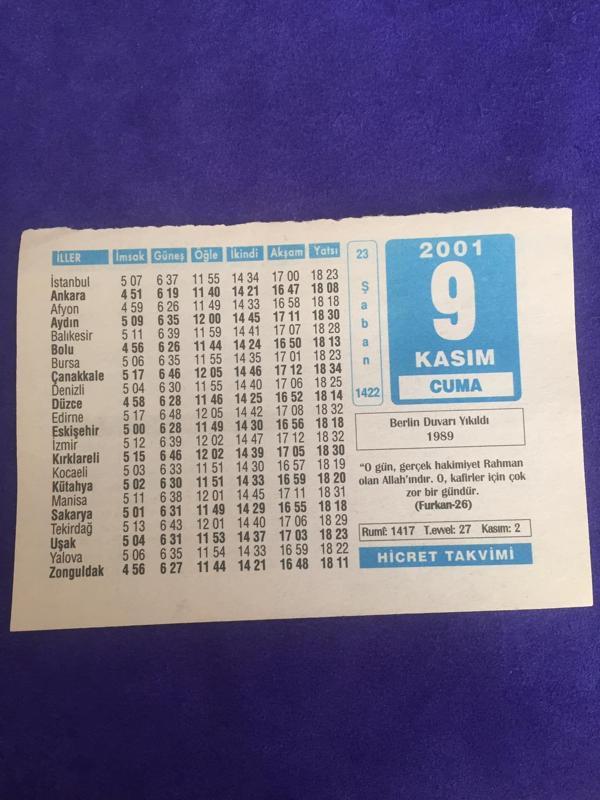 9 Kasım 2001 Takvim Yaprağı - Nostalji Koleksiyonluk Takvim Yaprağı C - Image 1