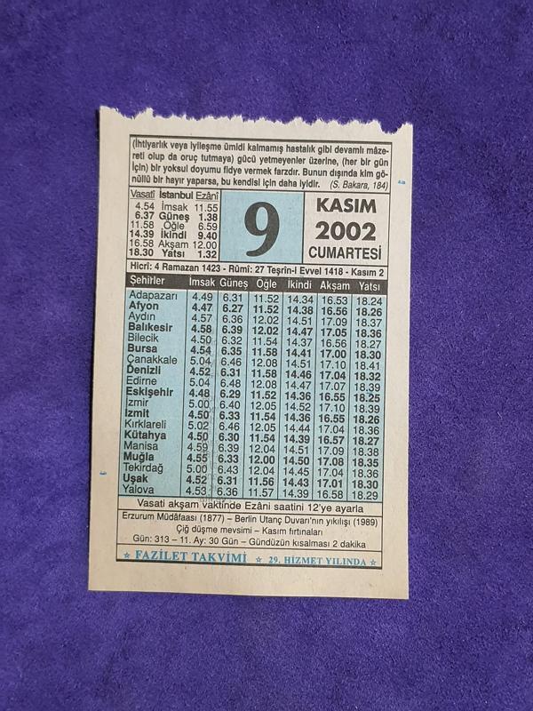 9 Kasım 2002 Takvim Yaprağı - Nostalji Koleksiyonluk Takvim Yaprağı - Image 1