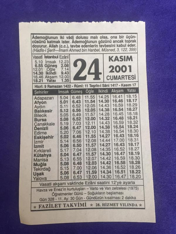 24 Kasım 2001 Takvim Yaprağı - Nostalji Koleksiyonluk Takvim Yaprağı - Image 1