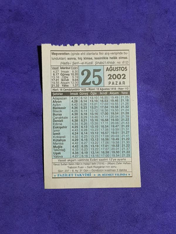 25 Ağustos 2002 Takvim Yaprağı - Nostalji Koleksiyonluk Takvim Yaprağı  - Image 1